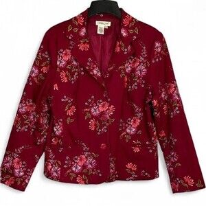 Coldwater Creek Womens Red Embroidered Floral Blazer Jacket Lined Size L Cotton